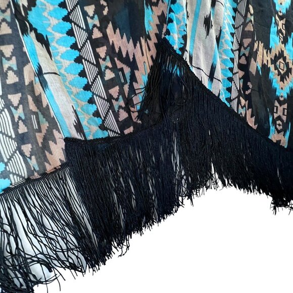 Vera Neumann NWT Fringed Tribal Shawl Wrap OS Boho Aztec Western Turquoise Tan - Picture 6 of 8